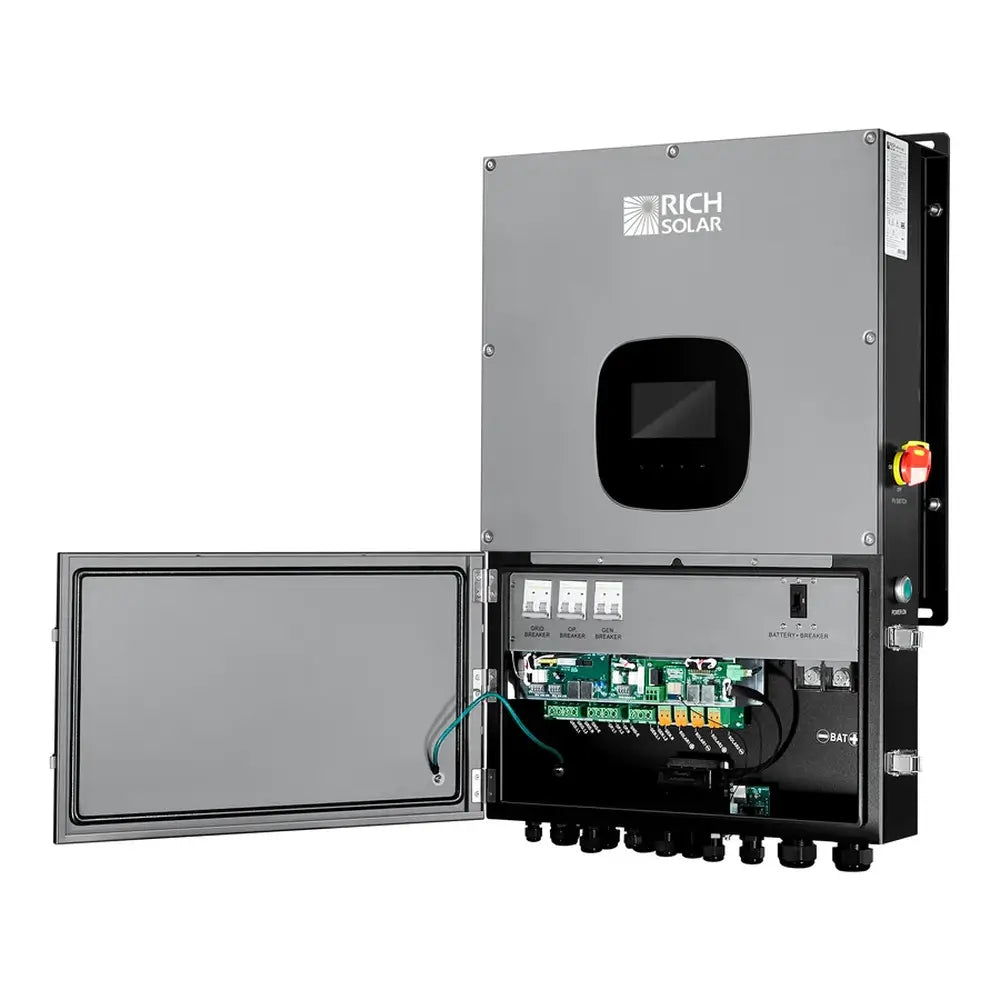 Rich Solar NOVA 12K hybrid inverter with the lower maintenance door open, revealing internal grid breakers, load breakers, generator breakers, and battery terminal connections.
