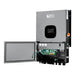 Rich Solar NOVA 12K hybrid inverter with the lower maintenance door open, revealing internal grid breakers, load breakers, generator breakers, and battery terminal connections.