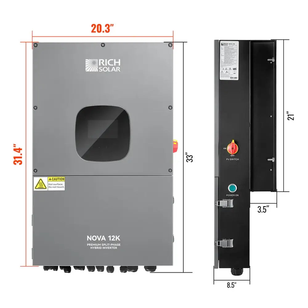 Product dimensions diagram for the Rich Solar NOVA 12K inverter showing a width of 20.3 inches, height of 33 inches, and depth of 8.5 inches.