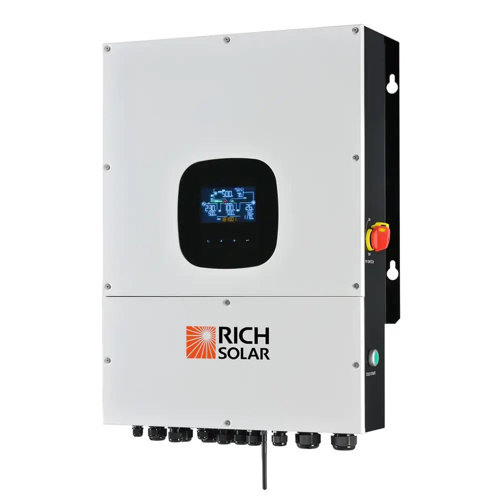 Rich Solar NOVA 12K PV Hybrid Inverter all-in-one solar power inverter with center digital display screen.