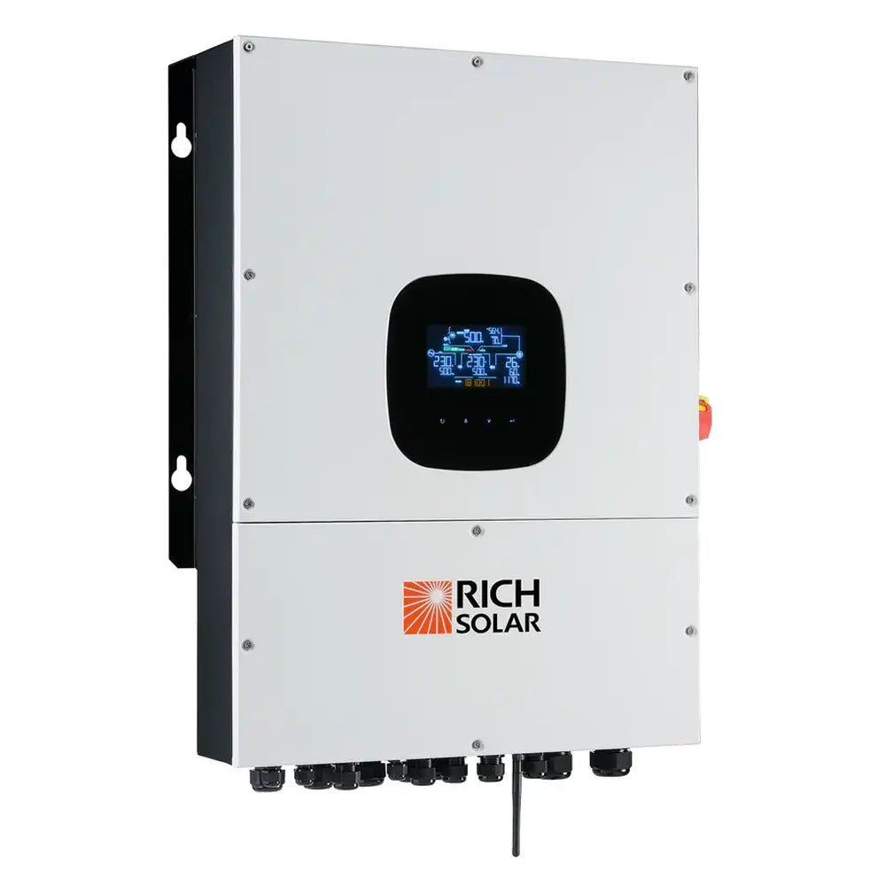 Front perspective view of white Rich Solar NOVA 12K hybrid solar inverter showing bottom cable entry glands and emergency shutoff.