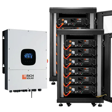 Rich Solar KIT-SR0002 61.44kWh hybrid solar kit featuring a NOVA 12K inverter alongside dual lithium server rack battery setups.
