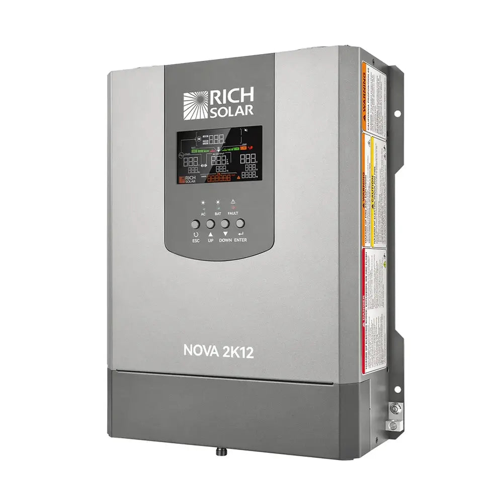 Three-quarter right perspective view of the Rich Solar NOVA 2K12 2000W 12V inverter showing the illuminated LCD digital display panel and side safety labels.