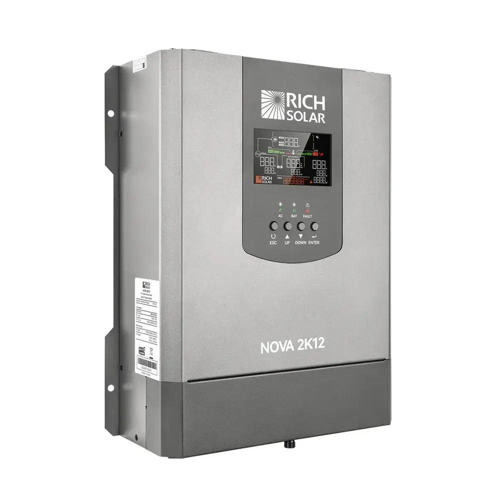 Three-quarter left perspective view of the Rich Solar NOVA 2K12 12V 2000W pure sine wave inverter highlighting the technical specifications label on the side housing.