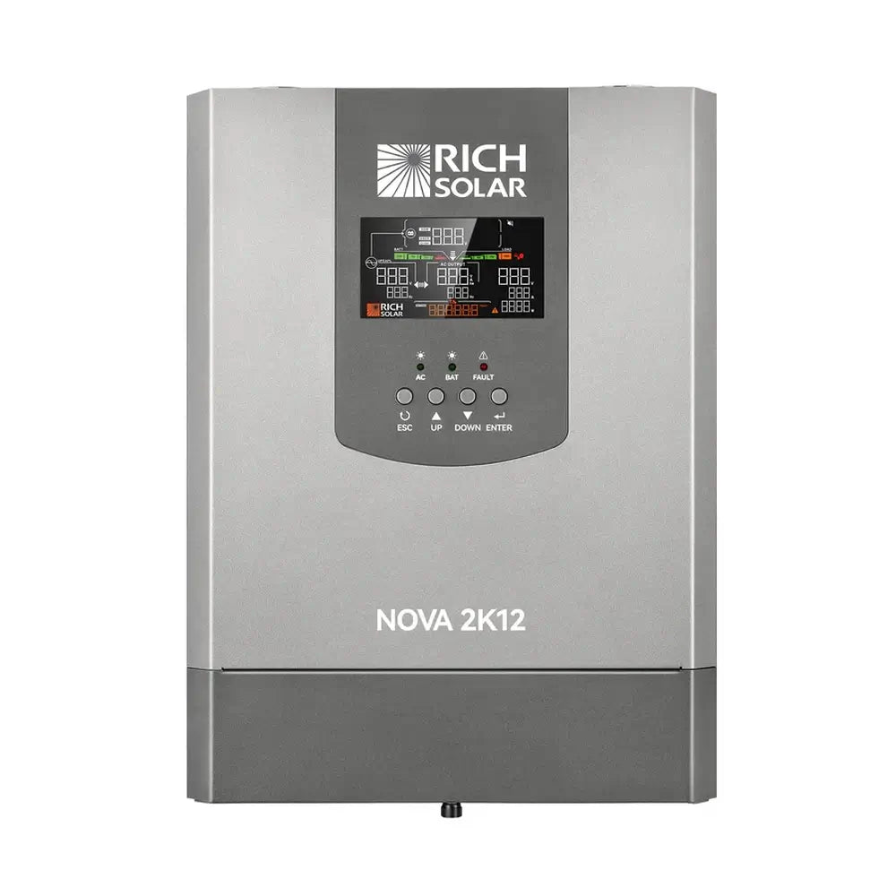 Straight front view of the Rich Solar NOVA 2K12 2000W inverter with transfer switch, showcasing the grey metal chassis, digital screen, and system control buttons.