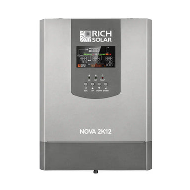 Straight front view of the Rich Solar NOVA 2K12 2000W inverter with transfer switch, showcasing the grey metal chassis, digital screen, and system control buttons.
