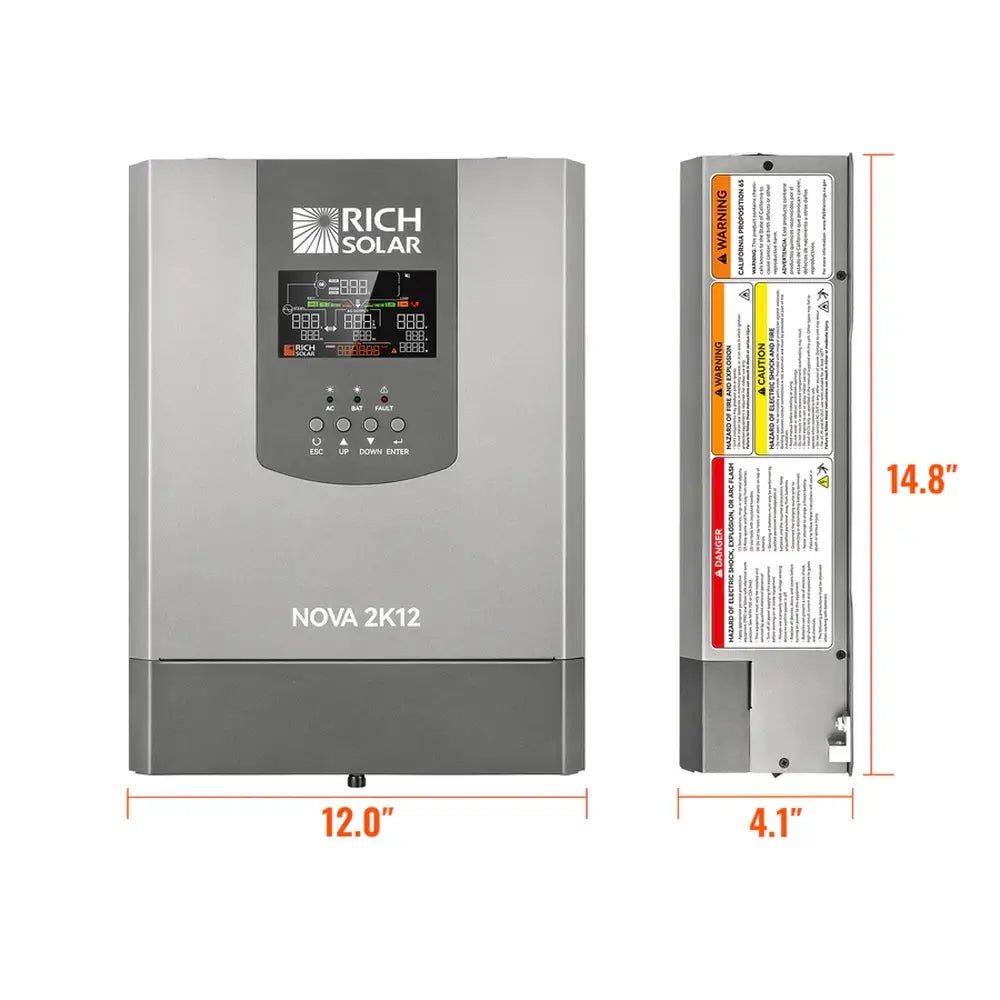 Size dimension diagram of Rich Solar NOVA 2K12 2000W inverter showing product measurements: 12.0 inches width, 14.8 inches height, and 4.1 inches depth.
