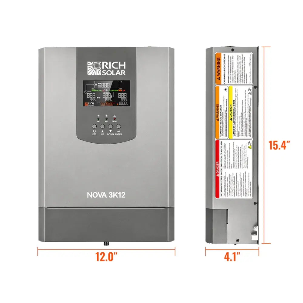 Physical dimensions diagram for the Rich Solar NOVA 3K12 3000W inverter, specifying a height of 15.4 inches, width of 12.0 inches, and a depth of 4.1 inches.