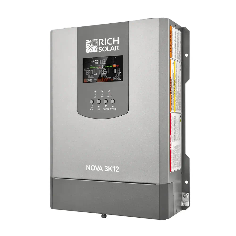 Rich Solar NOVA 3K12 3000W inverter with transfer switch, angled front-right view showing the digital LCD status display screen and side safety warnings.