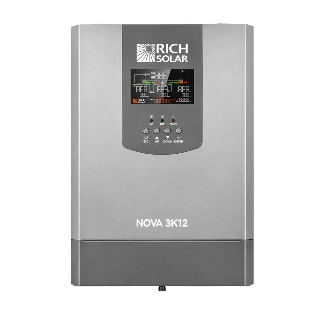 Front-facing product shot of the Rich Solar NOVA 3K12 3000W solar inverter charger, displaying the central control panel, menu buttons, and sleek grey housing.