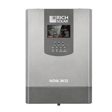 Front-facing product shot of the Rich Solar NOVA 3K12 3000W solar inverter charger, displaying the central control panel, menu buttons, and sleek grey housing.