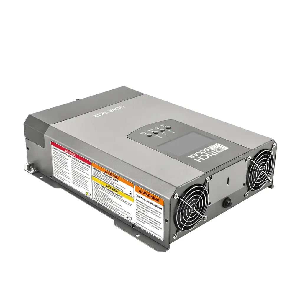 Isometric perspective of the Rich Solar NOVA 3K12 12V inverter lying flat, showcasing the dual integrated cooling fans and side warning labels.