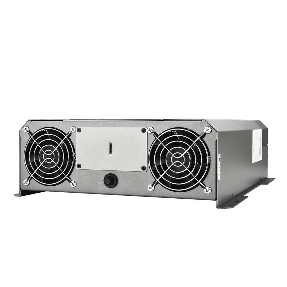Close-up of the dual cooling fan ventilation system with protective metal grilles on a Rich Solar NOVA 3K12 3000W solar power inverter.