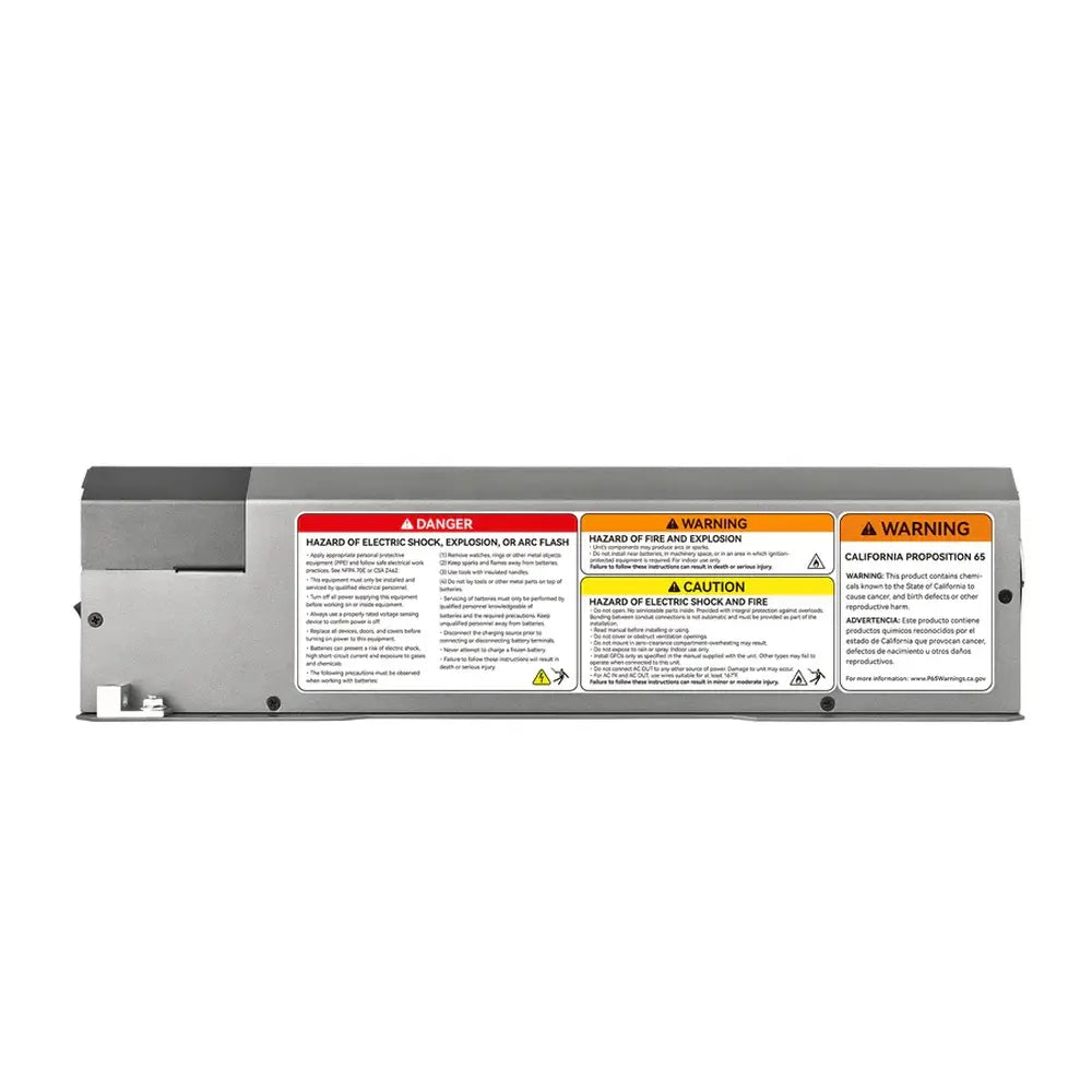 Side view of the Rich Solar NOVA 3K12 inverter chassis, showcasing detailed electrical safety compliance labels, danger warnings, and California Proposition 65 documentation.