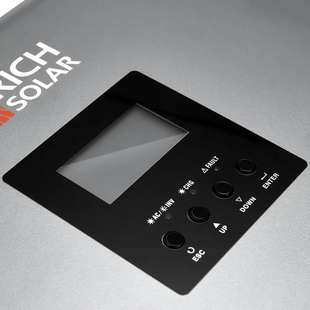 Close-up view of the digital LCD display screen and navigation control buttons on the front of the Rich Solar NOVA MAX 3K 24V inverter.