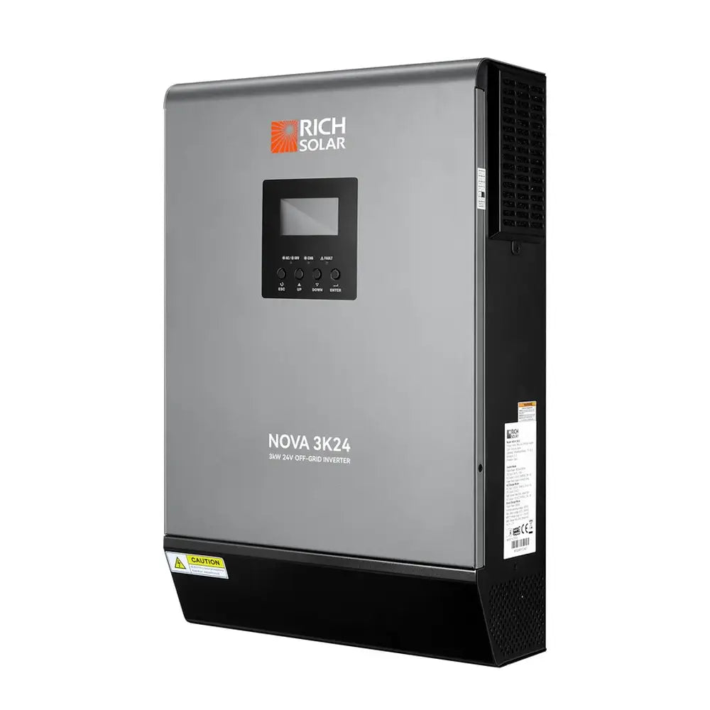 Right three-quarter perspective view of the grey and black Rich Solar NOVA MAX 3K 24V 3000W hybrid inverter front panel and side vents.