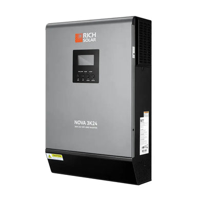 Right three-quarter perspective view of the grey and black Rich Solar NOVA MAX 3K 24V 3000W hybrid inverter front panel and side vents.