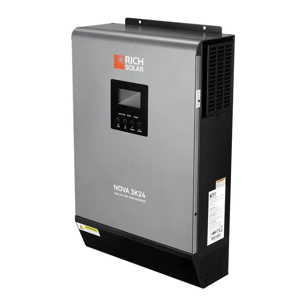 High-angle perspective view of the Rich Solar NOVA MAX 3K 24V off-grid hybrid solar inverter showing the top mounting bracket lip.