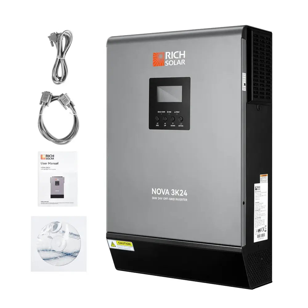 Rich Solar NOVA MAX 3K 24V 3000W hybrid inverter unboxing view with included serial communication cables, user manual, and software CD.