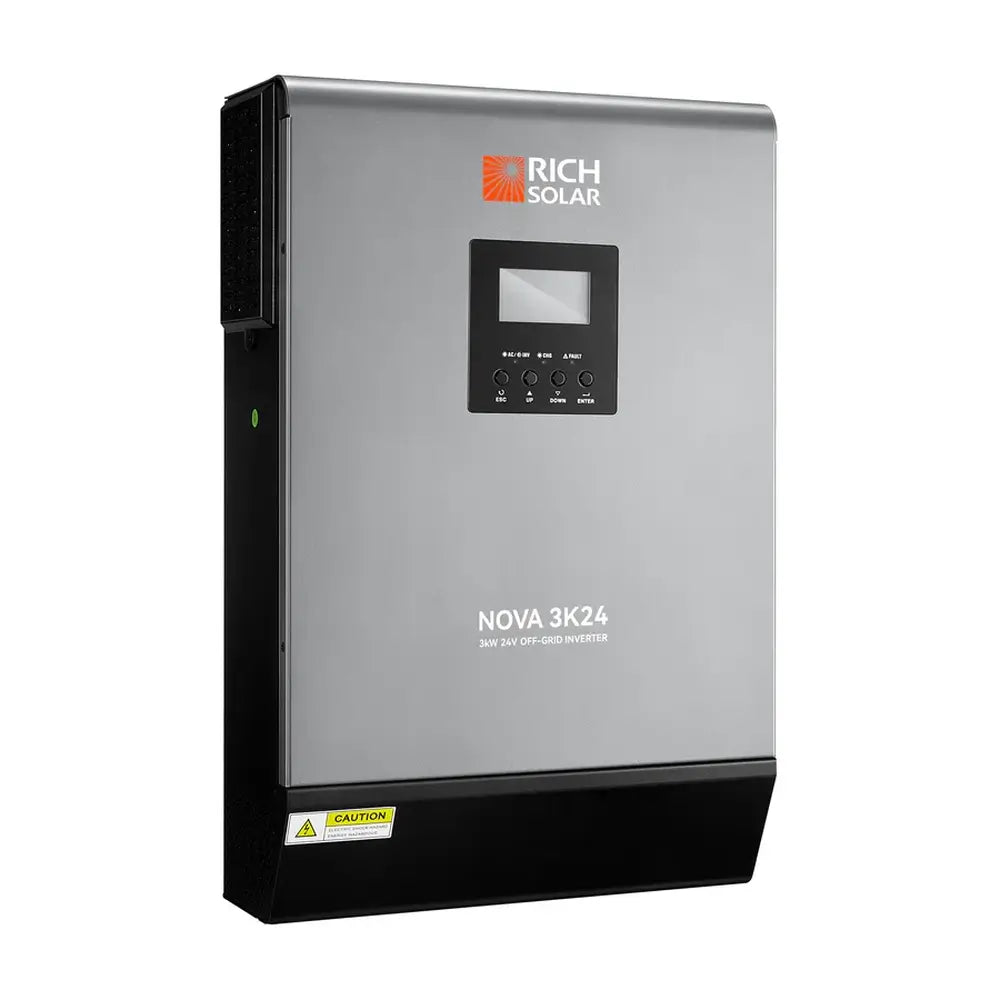 Left three-quarter perspective view of the Rich Solar NOVA MAX 3K 24V 3kW off-grid hybrid solar inverter.
