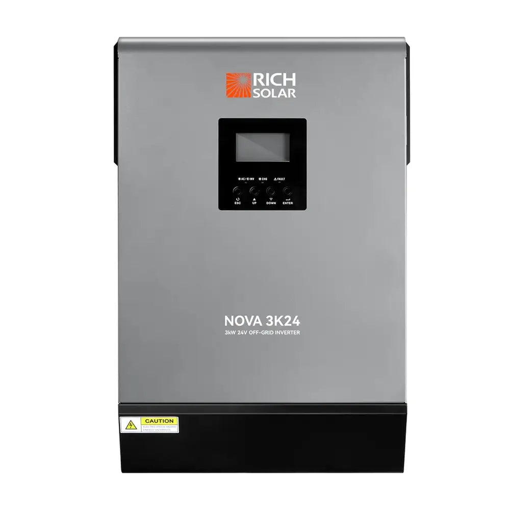 Straight front-facing view of the Rich Solar NOVA MAX 3K 24V off-grid inverter highlighting the LCD screen interface and branding.