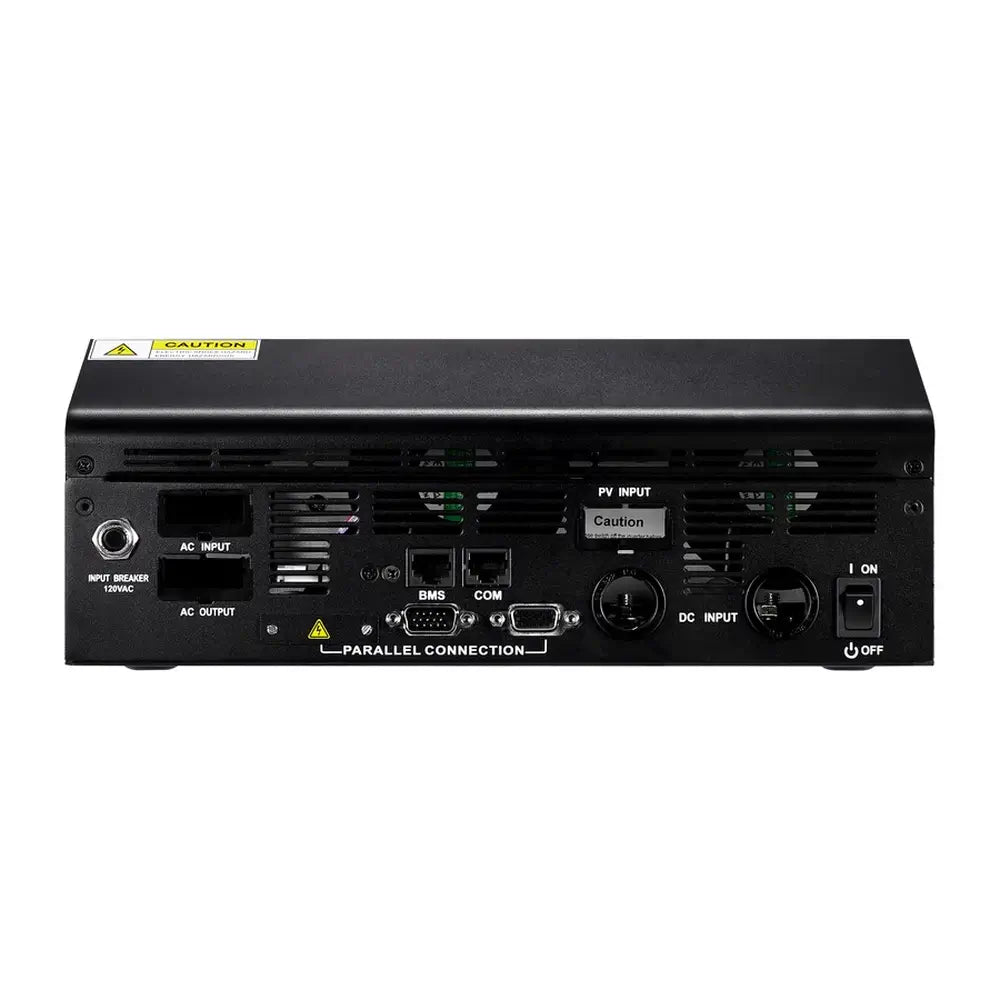 Bottom panel connection ports of the Rich Solar NOVA MAX 3K 24V inverter featuring AC input, AC output, PV input, and DC input terminals.