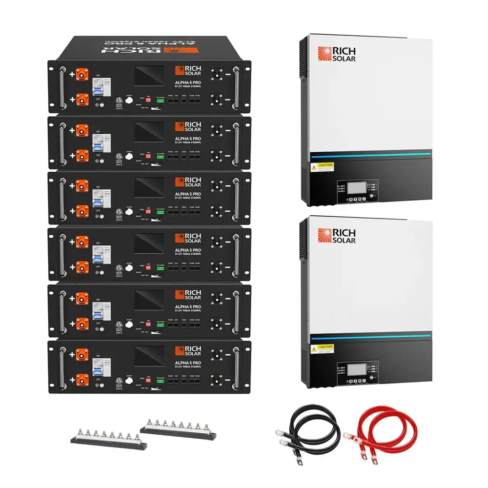 Rich Solar RS-CBK1302 30.72kWh off-grid system kit featuring two 6.5kW inverters, six Alpha 5 Pro lithium batteries, busbars, and heavy-duty cables.