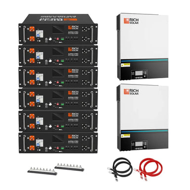 Rich Solar RS-CBK1302 30.72kWh off-grid system kit featuring two 6.5kW inverters, six Alpha 5 Pro lithium batteries, busbars, and heavy-duty cables.