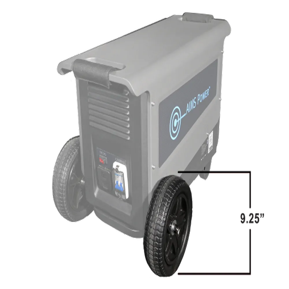 Angled view of AIMS Power portable solar generator highlighting 10.25-inch wheel size and rear charging panel.