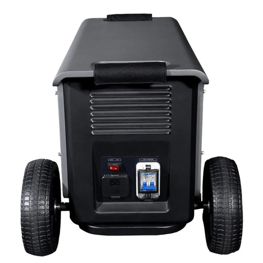 Rear view of wheeled AIMS Power battery module with vents, charging panel, breaker, and dual tires.