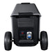 Rear view of wheeled AIMS Power battery module with vents, charging panel, breaker, and dual tires.
