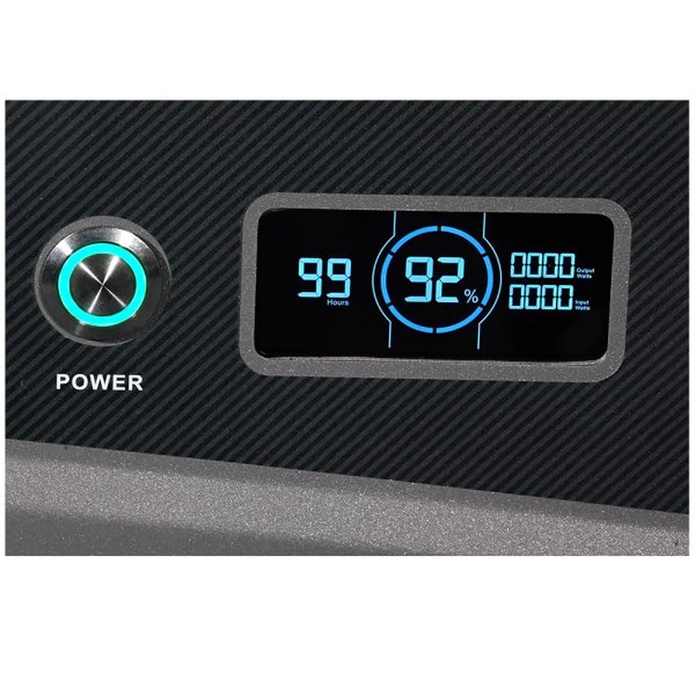Close-up of AIMS Power digital display showing power button, 99 hours runtime, 92% battery level, and input/output watts.
