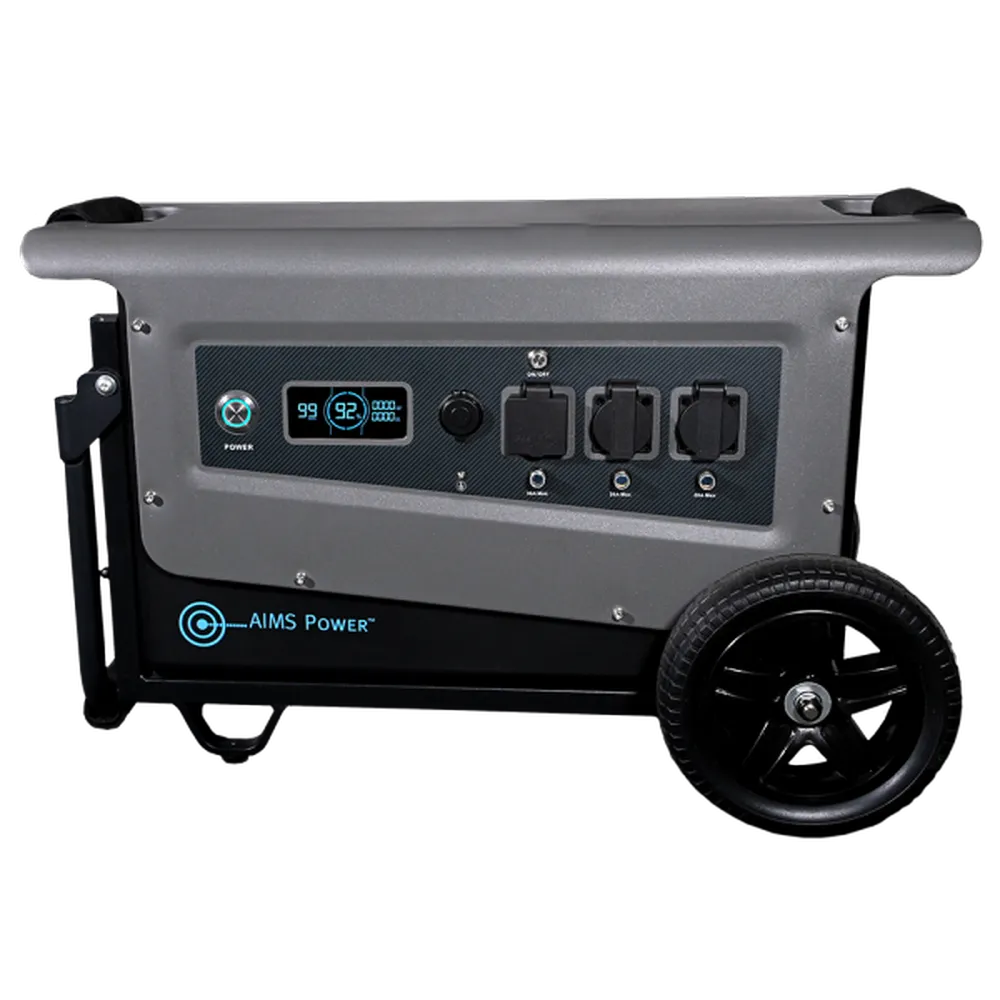Front panel view of AIMS Power portable solar generator with LCD battery display, power button, AC outlets, USB ports, and rugged wheel.