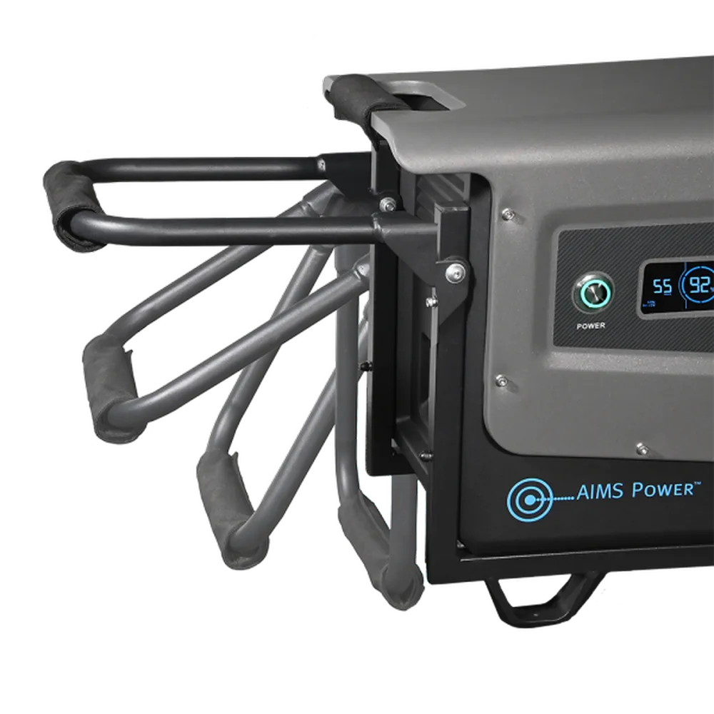 Close-up of AIMS Power portable power system handle and front display area with extended pull handle for transport.
