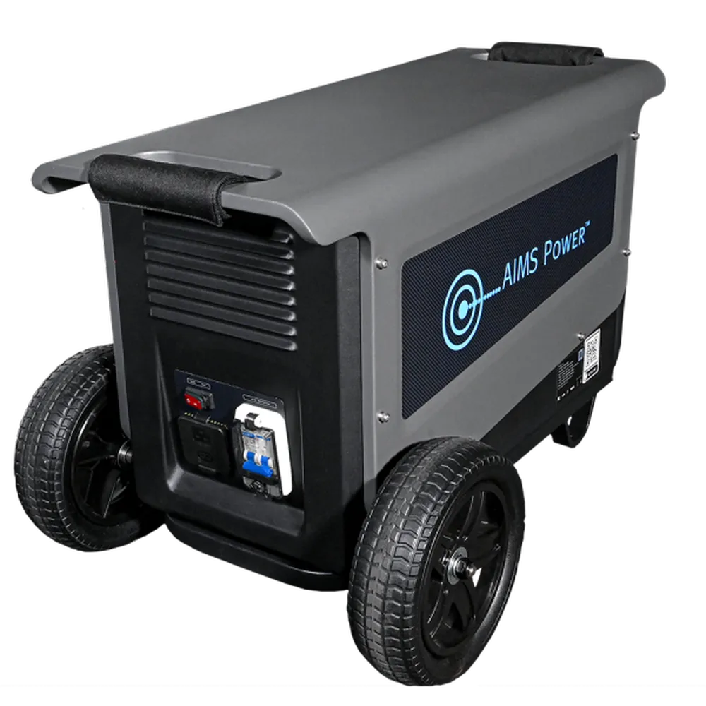 Rear angled view of AIMS Power wheeled solar generator showing charging input panel, breaker, rear vents, and dual tires.