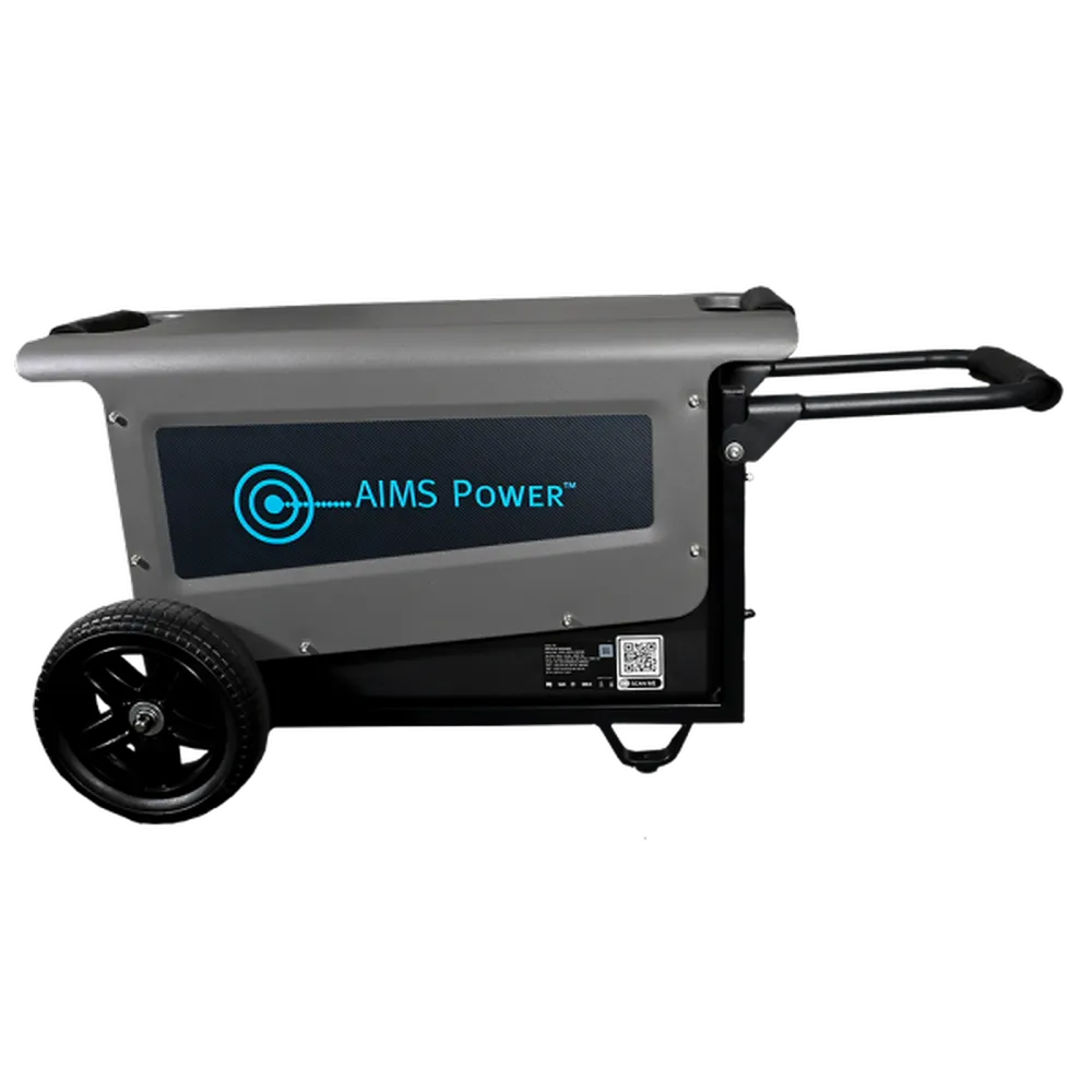 Side view of AIMS Power wheeled power station with AIMS Power logo, extended handle, gray housing, and black tire.