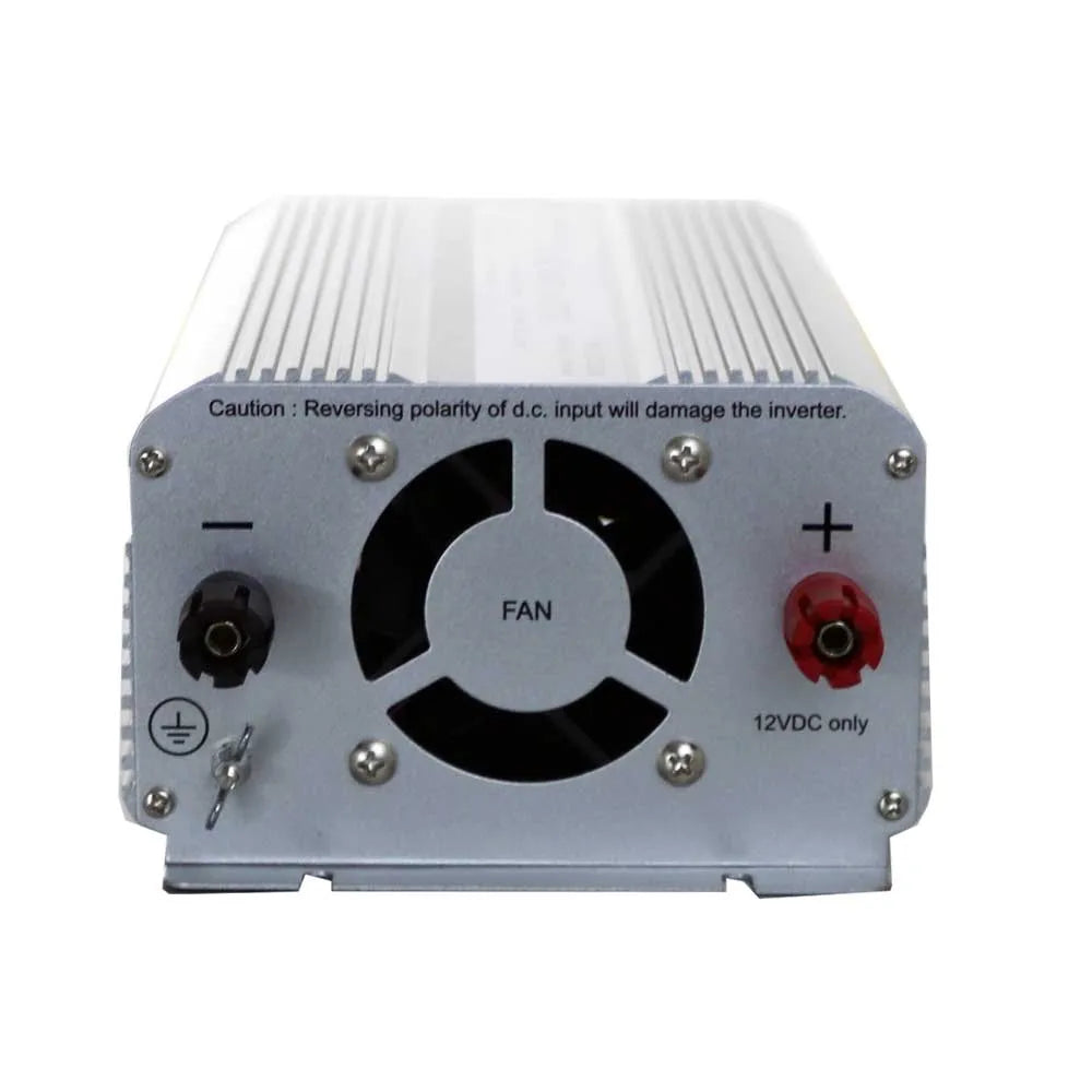 AIMS Power 1250W 24V to 230V UK inverter rear panel with cooling fan, DC terminals, ground connection, and polarity warning.
