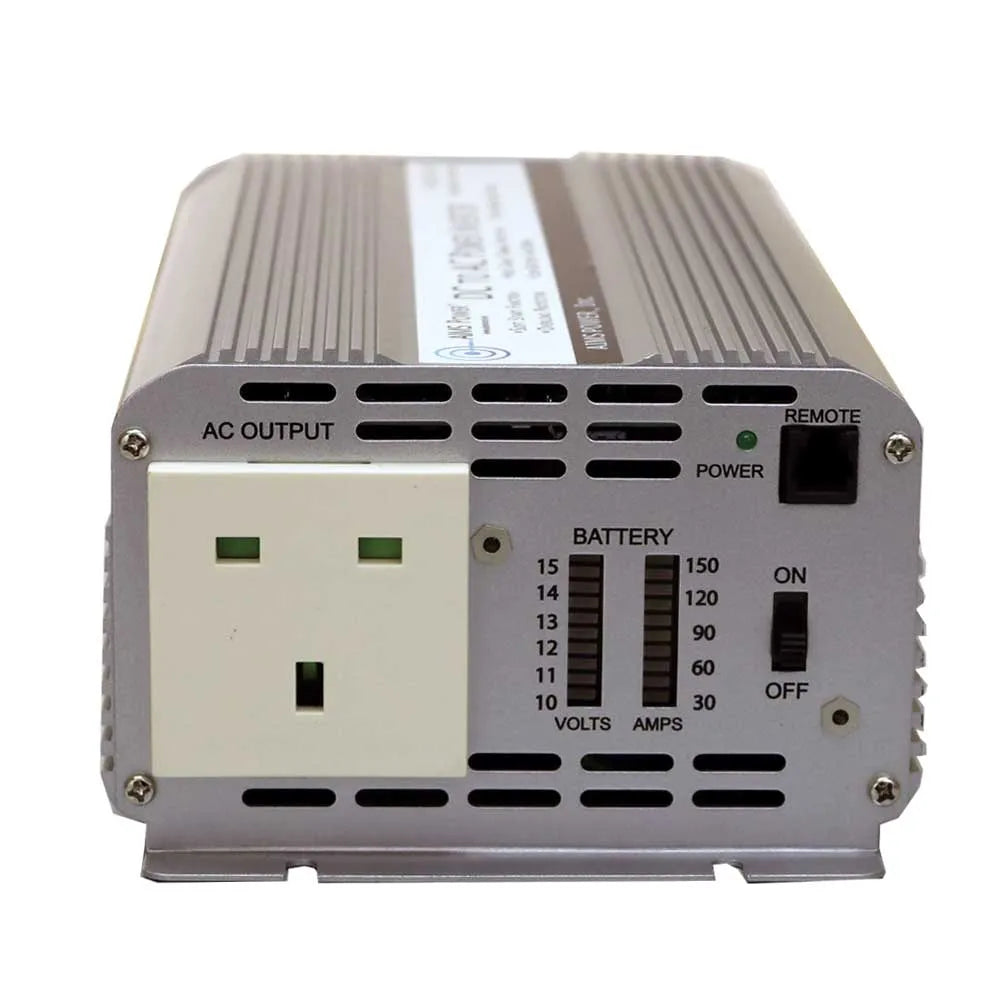 AIMS Power 1250W 230V UK inverter PUK125012230W with AC output, battery meter, remote port, and power switch.