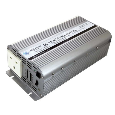 AIMS Power 1250W 230V UK inverter with silver aluminum housing, UK AC outlet, battery gauge, and mounting bracket.