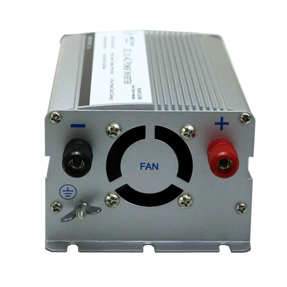 AIMS Power 400W 230V UK inverter rear panel with cooling fan, DC input terminals, and ground connection.