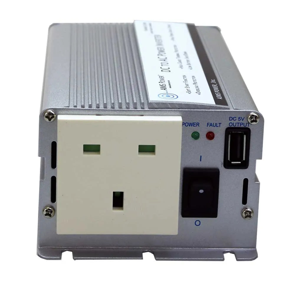 AIMS Power 400W UK inverter with 230V AC outlet, 5V USB output, power and fault indicators, and on/off switch.