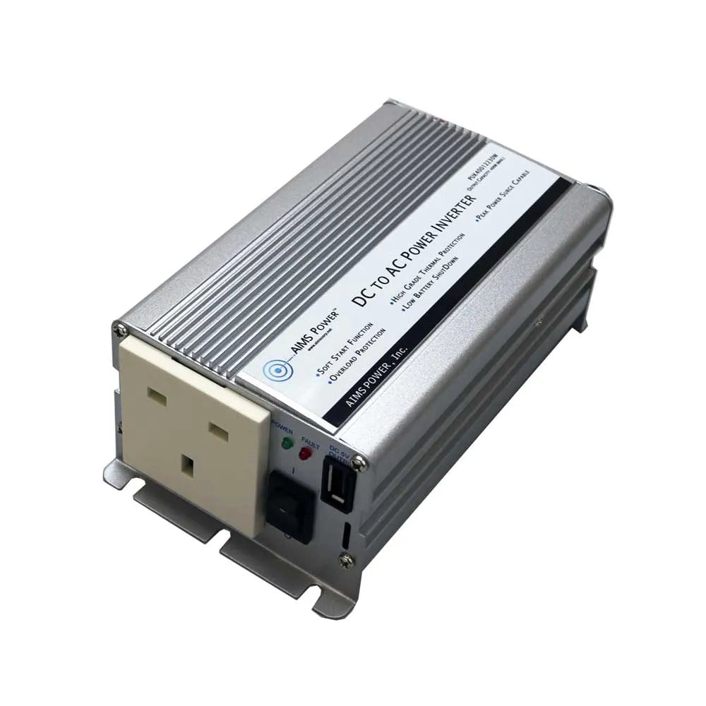 AIMS Power 400W 12V to 230V UK inverter PUK40012230W with UK AC outlet, USB port, power switch, and compact aluminum case.