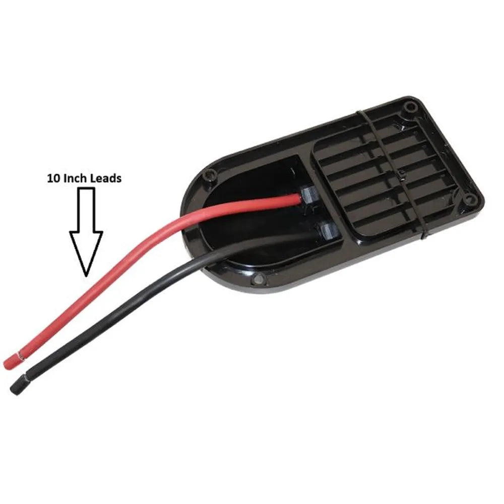 Underside view of AIMS Power 2 wire MC4 roof cable entry showing red and black 10 inch leads, internal wire routing, mounting holes, and ribbed plastic base.
