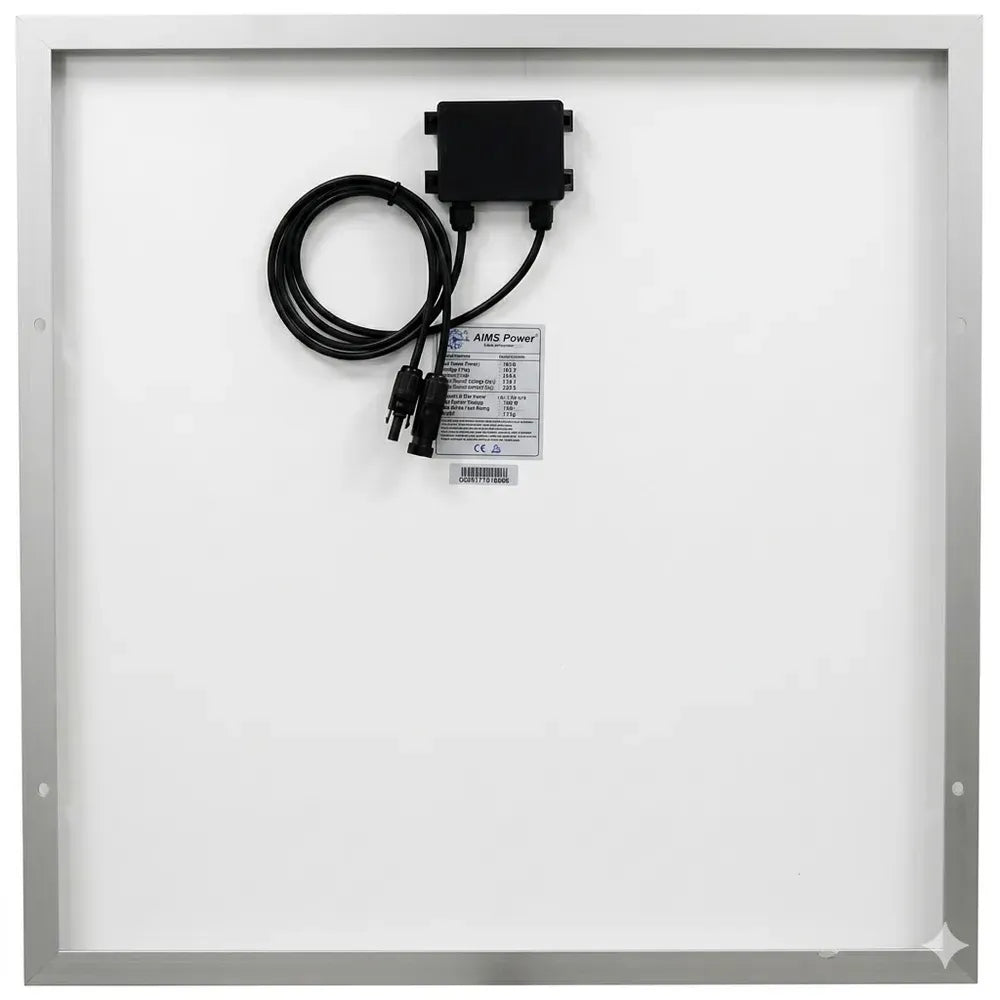 Rear view of AIMS Power 190W monocrystalline solar panel with white backsheet, silver aluminum frame, black junction box, coiled connector cables, MC4-style leads, and product specification label.