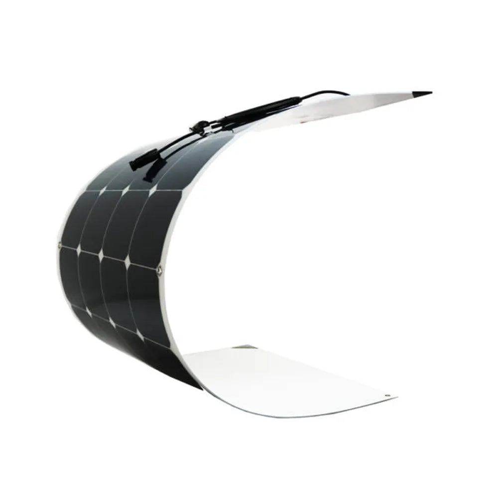 Curved AIMS Power 130W flexible solar panel showing thin bendable photovoltaic cells with rear wiring and connectors for lightweight portable solar power.