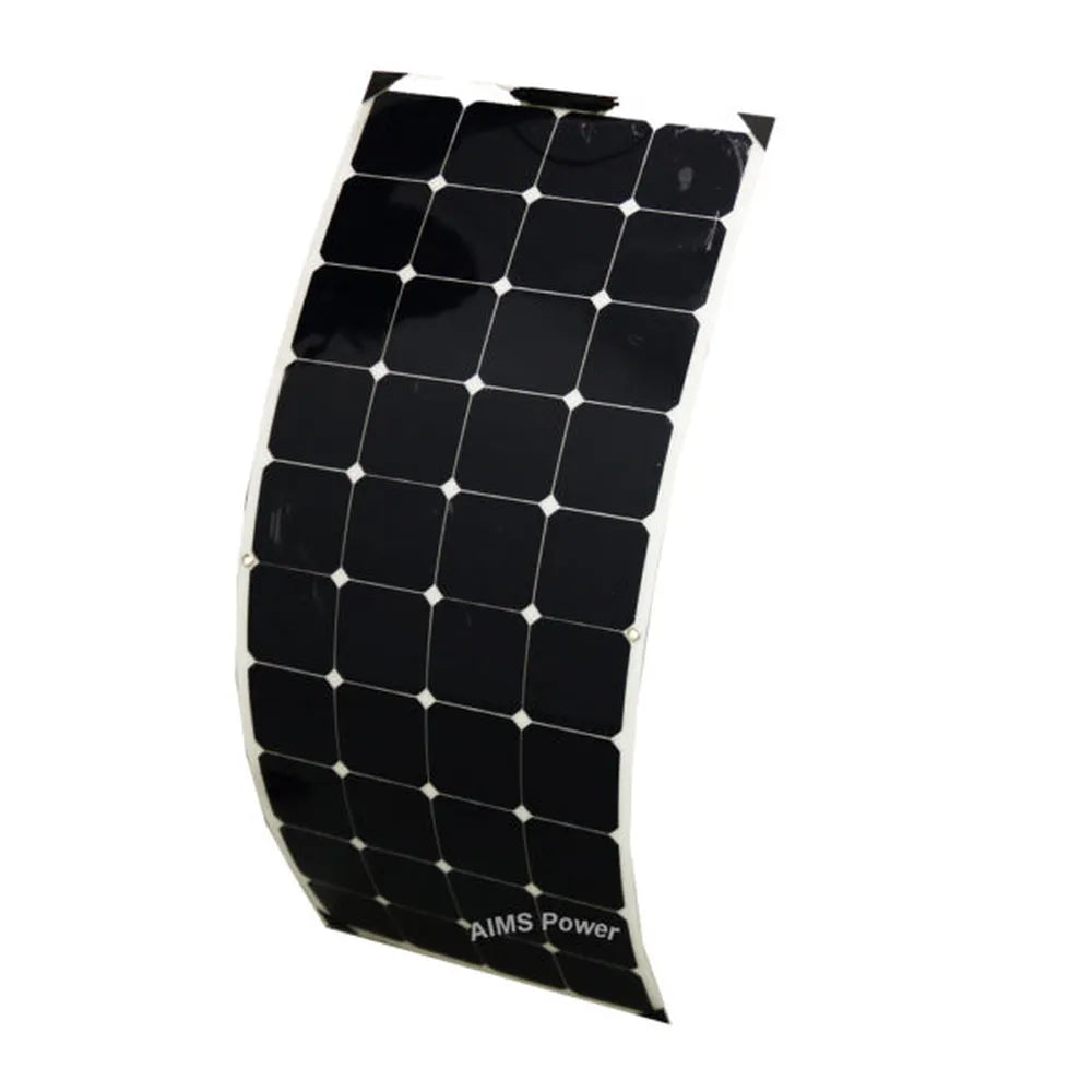 AIMS Power 130W flexible solar panel standing in a curved position, featuring black monocrystalline cells, white backing, and AIMS Power branding.