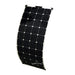AIMS Power 130W flexible solar panel standing in a curved position, featuring black monocrystalline cells, white backing, and AIMS Power branding.