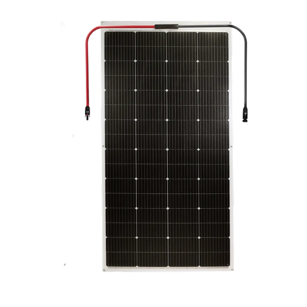 Front view of AIMS Power 230W flexible solar panel with red and black connector cables, dark monocrystalline cells, and slim white border.