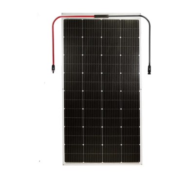 Front view of AIMS Power 230W flexible solar panel with red and black connector cables, dark monocrystalline cells, and slim white border.