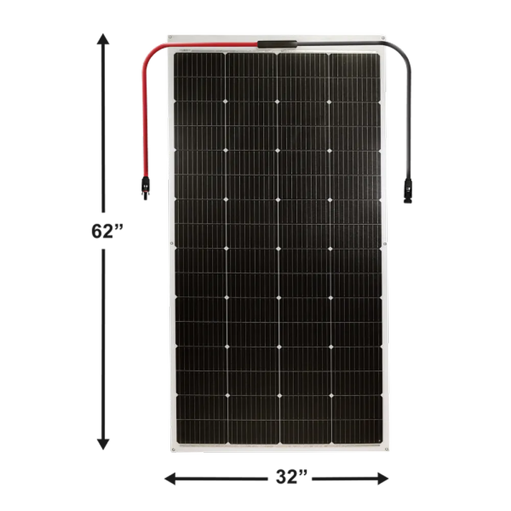 Full front product view of AIMS Power 230W bendable solar panel with preattached red and black PV cables and lightweight frameless design.